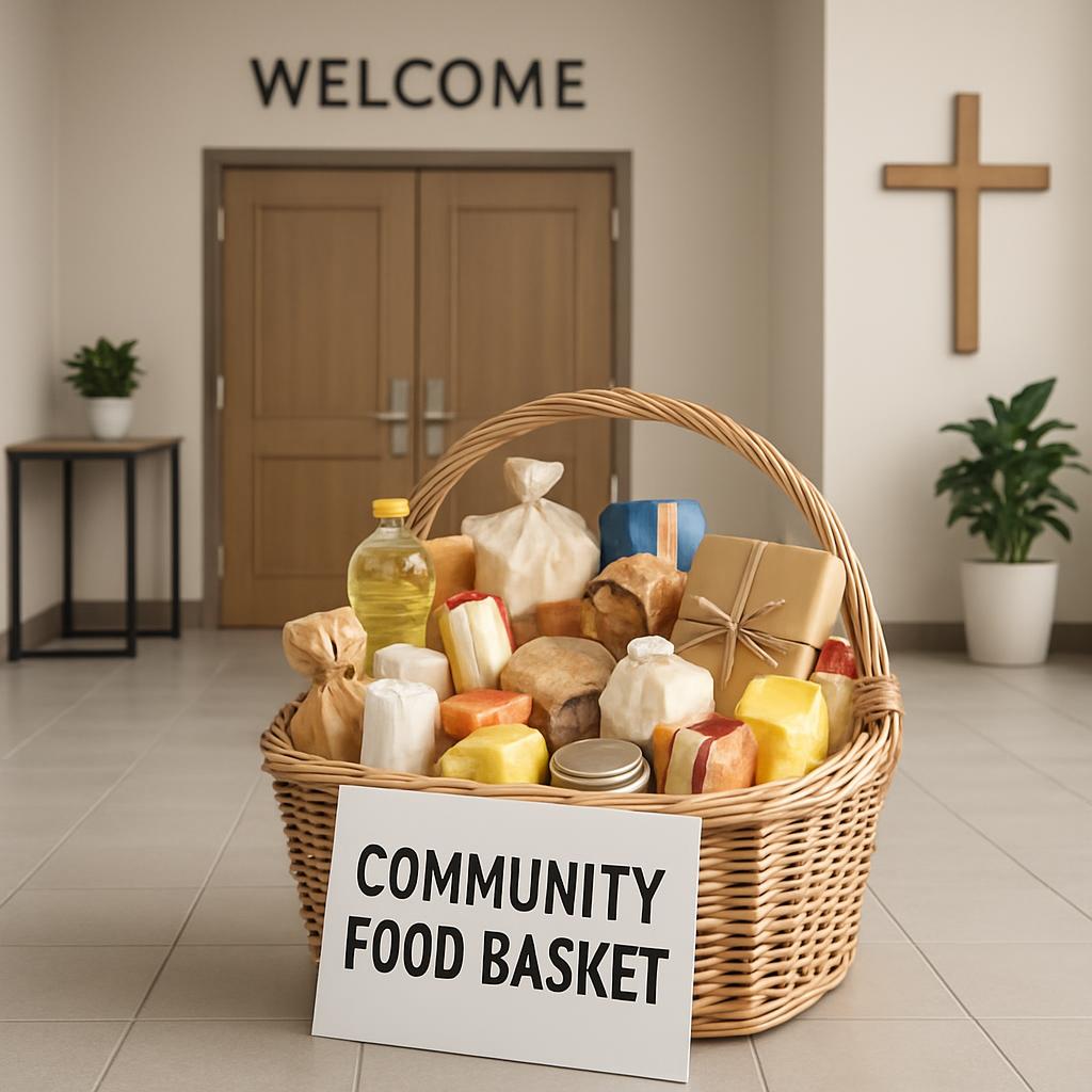 Centered image of a wicker basket overflowing with food, with a 'Community Food Basket' sign in the foreground. A wooden c...