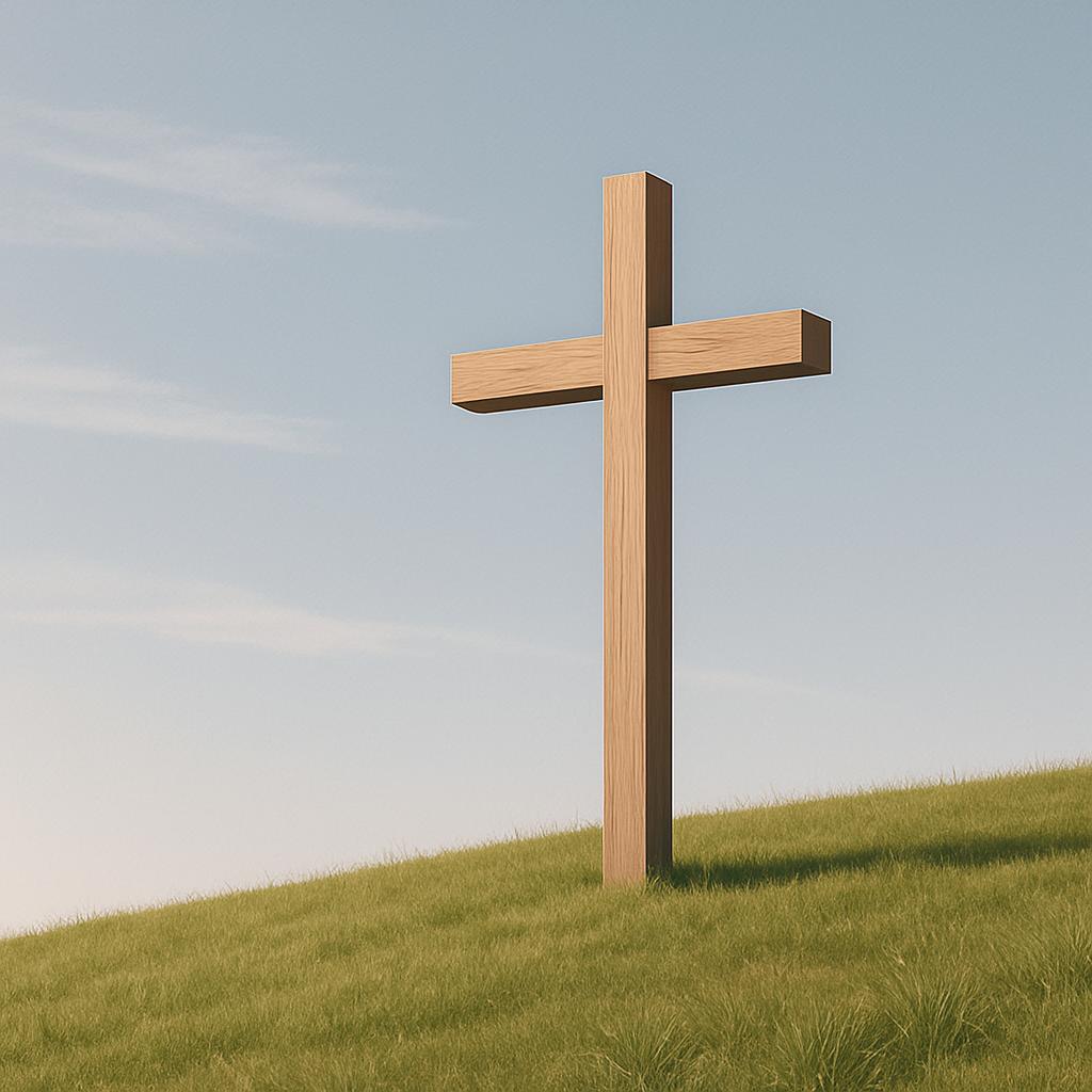 A light wooden cross in a grassy hill, set against the backdrop of a clear sky with a few wispy clouds. This image symboli...